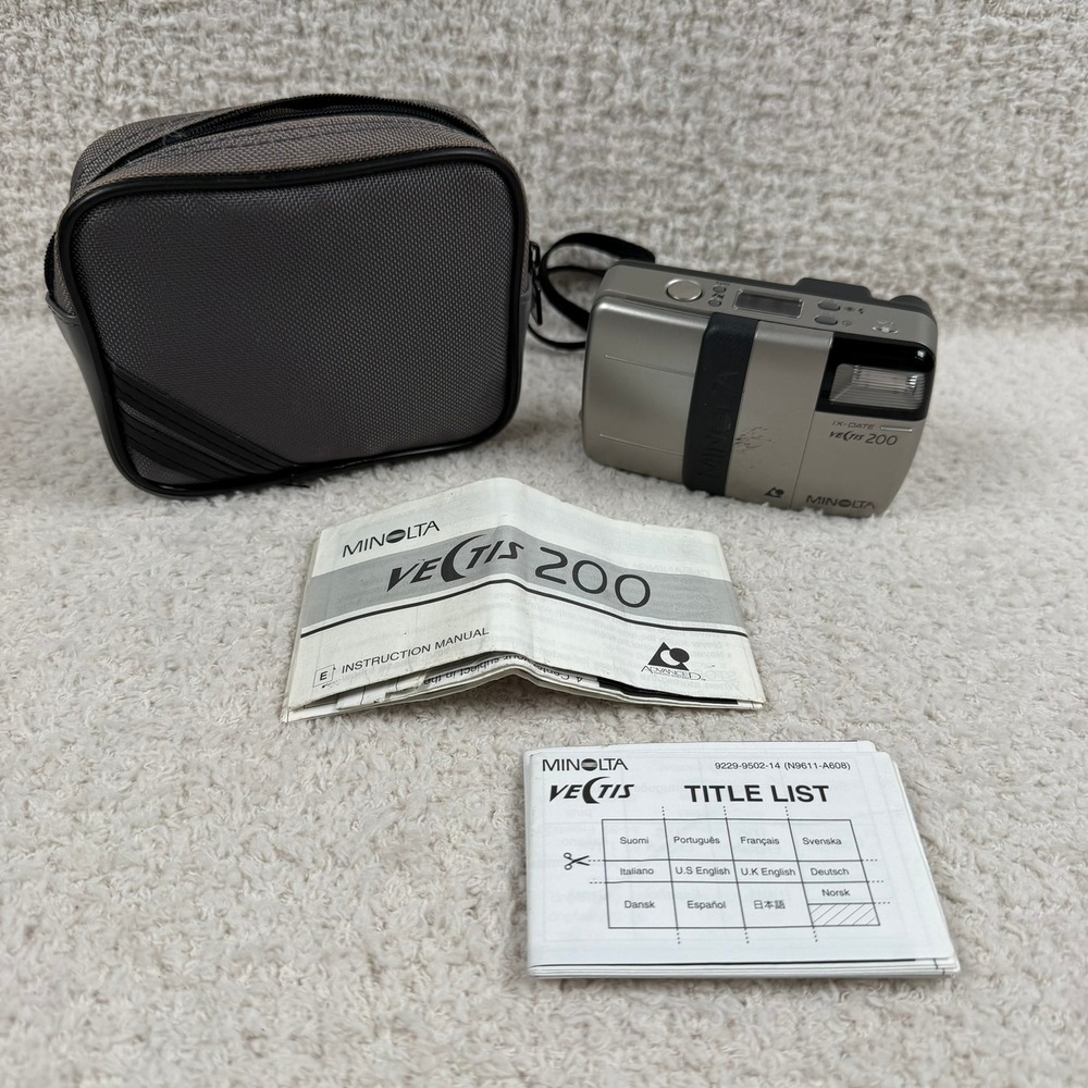 Minolta Vectis 200 IX DATE Silver 35mm Film Camera with Case TESTED